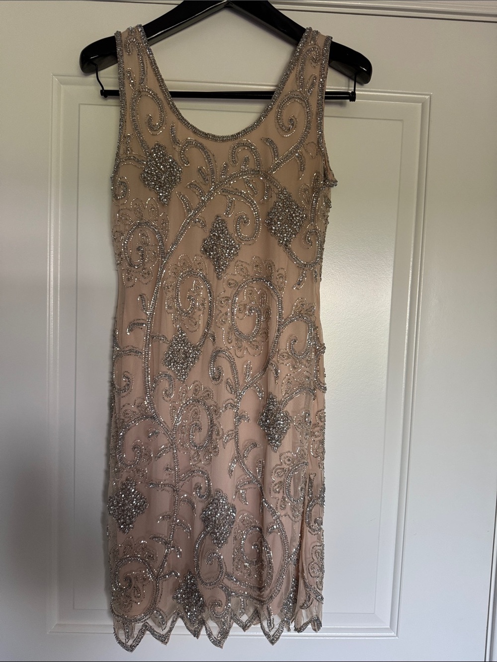 Beaded Nude Mini Dress with Silver Embellishment